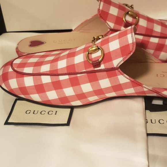 Gucci Princetown Red White Gingham Plaid Slide Loafer Mule Slipper Flat 38.5 - Picture 3 of 7